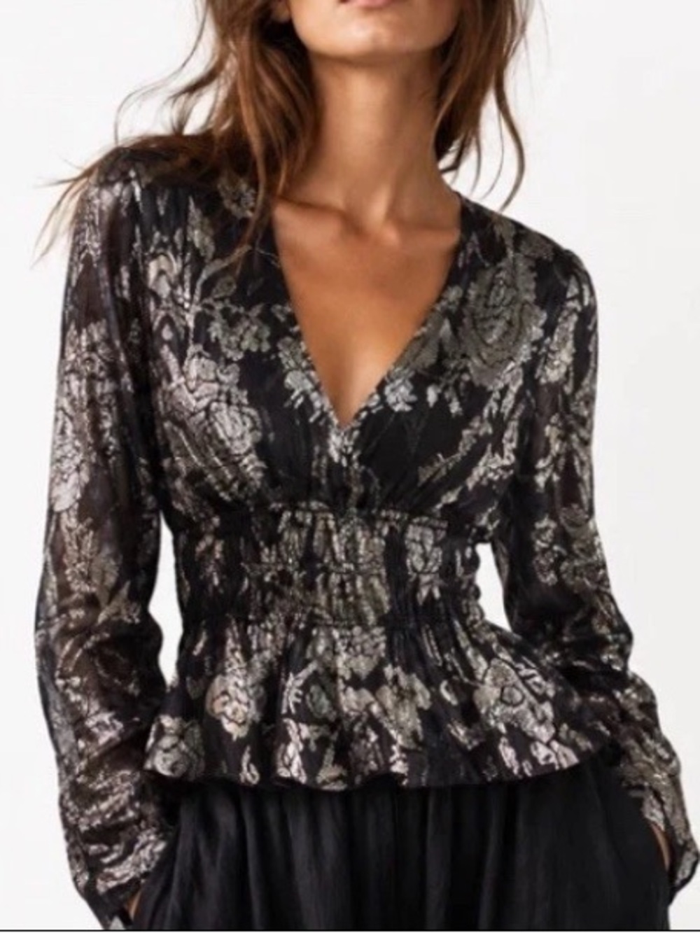 Anthropologie Metallic Smocked Long-Sleeve Shirt Blouse Midnight Navy Size XL